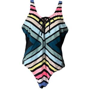 Victoria's Secret PINK Diagonal Striped Lace Up One Piece Swimsuit Sz L